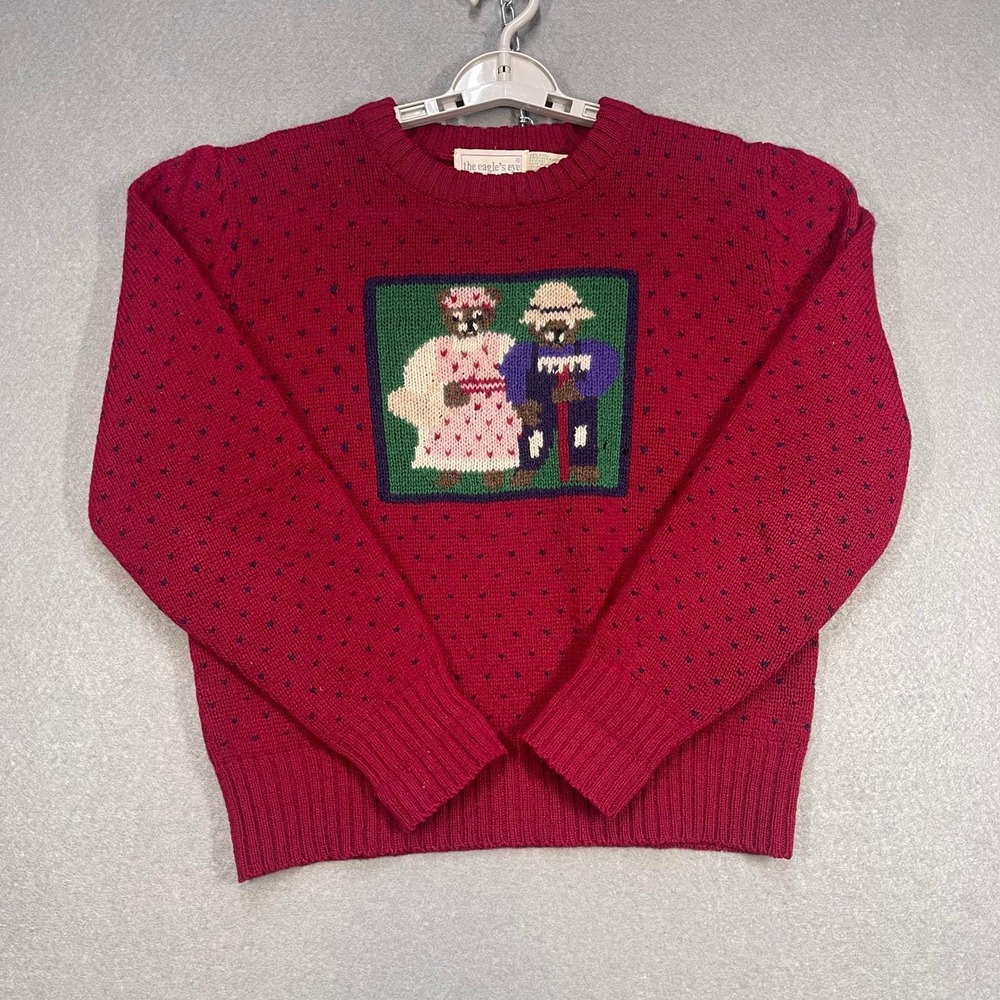 VTG The Eagles Eye Sweater Womens 38 Red Wool Knit Teddy Bear Couple Cottagecore